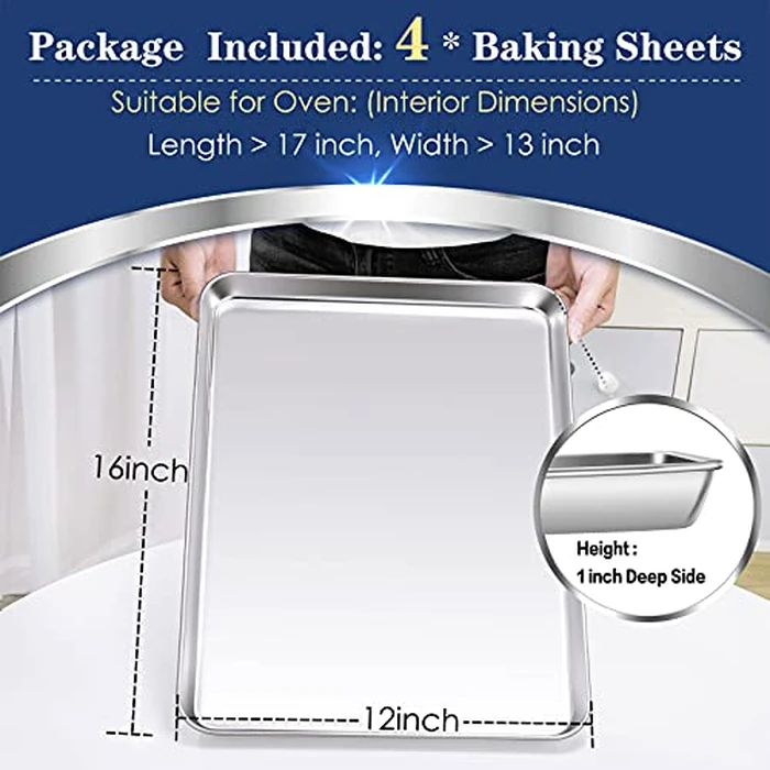 P&P CHEF 16 Inch Baking Cookie Sheet, Oven Pan Tray Stainless Steel Sheet Pan for Kitchen, Oven Bakeware for Multi Uses, Shiny Look & Dishwasher Safe, Healthy & Heavy Duty, 4Pcs by P&P CHEF - Image 2