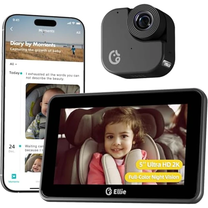 Ellie Baby Car Monitor, 2K UHD Backseat Monitor with Color Night Vision, Face Tracking, Dual Display for 2 Kids, Wide View Car Baby Camera, Smart Video Capture & App Control by Ellie Baby Pro - Used - Like New condition - CA$81.22