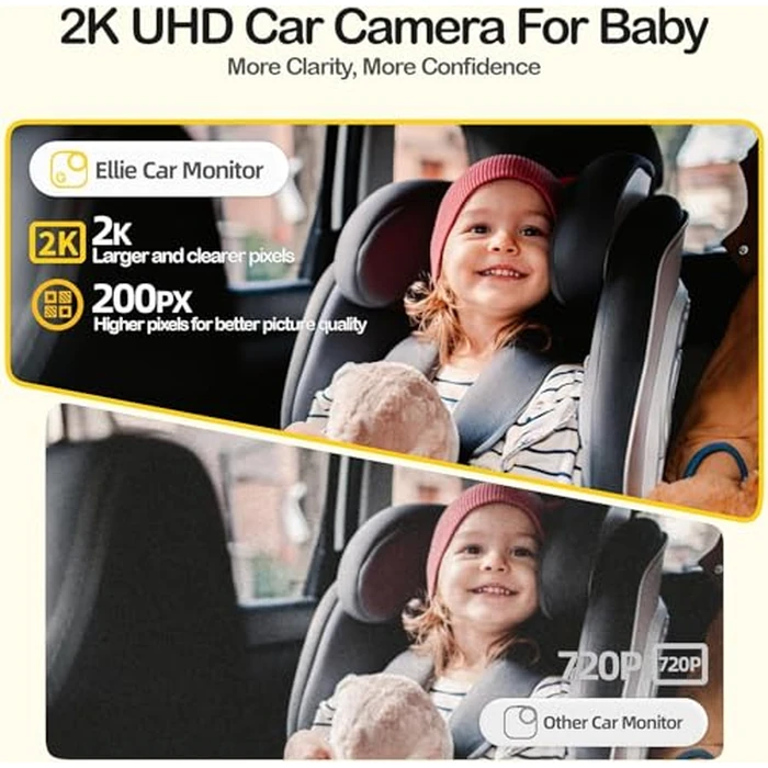 Ellie Baby Car Monitor, 2K UHD Backseat Monitor with Color Night Vision, Face Tracking, Dual Display for 2 Kids, Wide View Car Baby Camera, Smart Video Capture & App Control by Ellie Baby Pro - Image 2