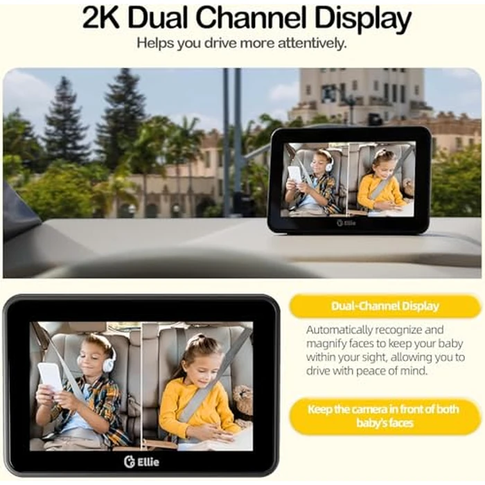 Ellie Baby Car Monitor, 2K UHD Backseat Monitor with Color Night Vision, Face Tracking, Dual Display for 2 Kids, Wide View Car Baby Camera, Smart Video Capture & App Control by Ellie Baby Pro - Image 8
