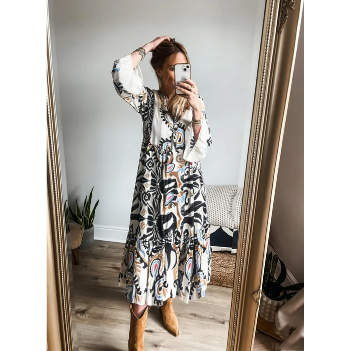 miduo Womens Fashion Casual Boho Beach Summer 3/4 Sleeve V Neck Buttoned Bohemian Tribal Print Ruffle Flowy Midi Maxi T-Shirt Dresses Sundress Black L by miduo - Image 2