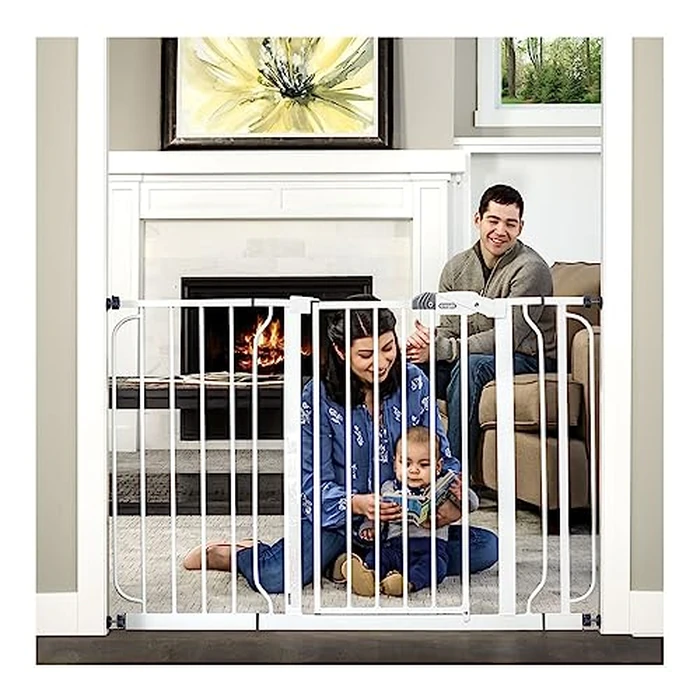 Regalo Safety 29-49" Easy Step Extra Wide Baby Gate for Doorways & Bottom of Stairs, Pressure Mounted Safety Gate with Door for Babies, Toddlers & Pets, White by Regalo - Used - Acceptable condition