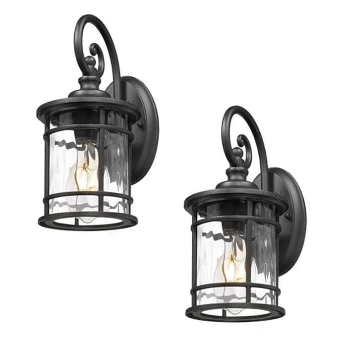 Emliviar Outdoor Wall Sconces 2 Pack, 12.4 Inch Outdoor Front Porch Lights with Water Ripple Glass in Black Finish, XE229BWG-S-2PK BK by EMLIVIAR - Used - Acceptable condition - CA$58.81