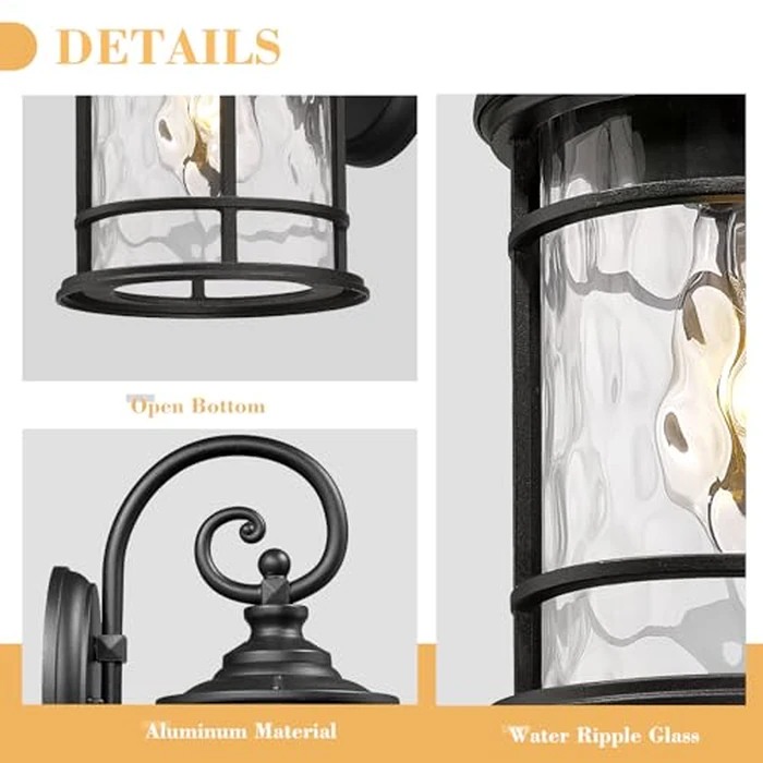 Emliviar Outdoor Wall Sconces 2 Pack, 12.4 Inch Outdoor Front Porch Lights with Water Ripple Glass in Black Finish, XE229BWG-S-2PK BK by EMLIVIAR - Image 4