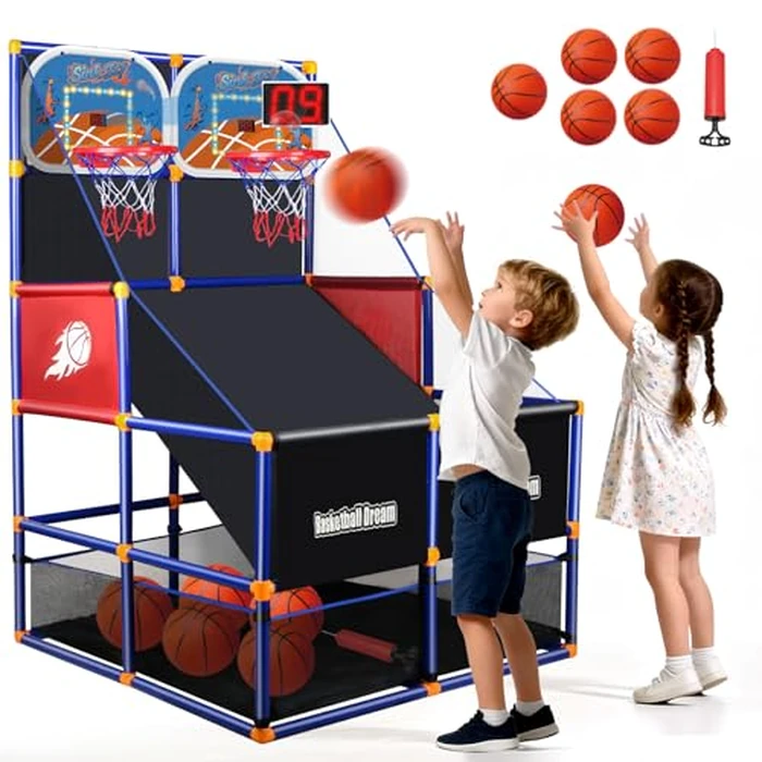 LED Arcade Basketball Game Set w/Electronic Scoreboard for Kids 2 Players, Boy Toys Basketball Hoop w/ 5 Balls for 3-12 Years Old, Adjustable Height w/Pump & Storage Net for Indoor Outdoor Play by NEUBSAW - Image 1