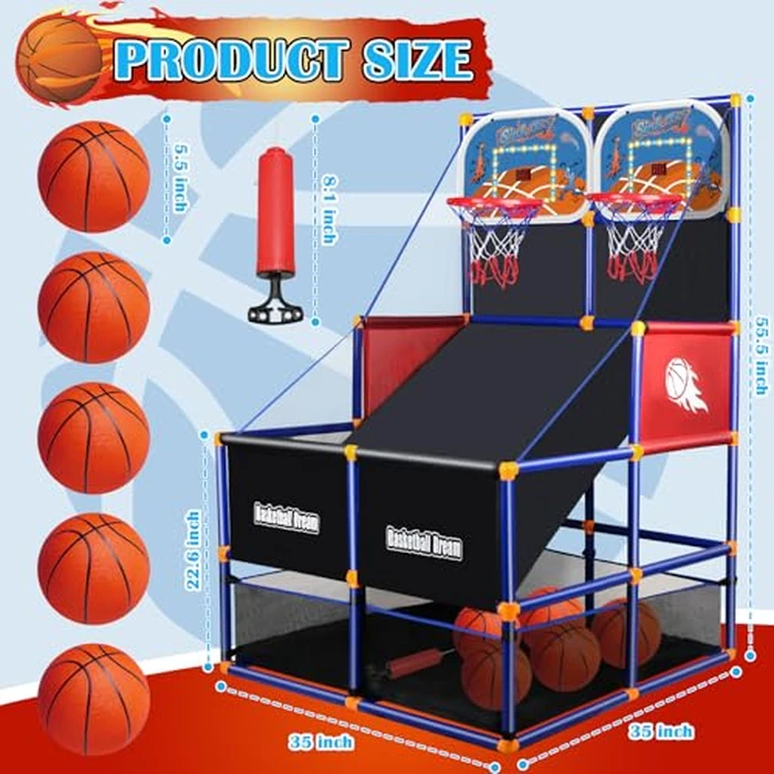 LED Arcade Basketball Game Set w/Electronic Scoreboard for Kids 2 Players, Boy Toys Basketball Hoop w/ 5 Balls for 3-12 Years Old, Adjustable Height w/Pump & Storage Net for Indoor Outdoor Play by NEUBSAW - Image 2