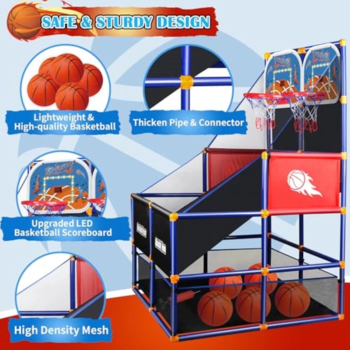 LED Arcade Basketball Game Set w/Electronic Scoreboard for Kids 2 Players, Boy Toys Basketball Hoop w/ 5 Balls for 3-12 Years Old, Adjustable Height w/Pump & Storage Net for Indoor Outdoor Play by NEUBSAW - Image 4