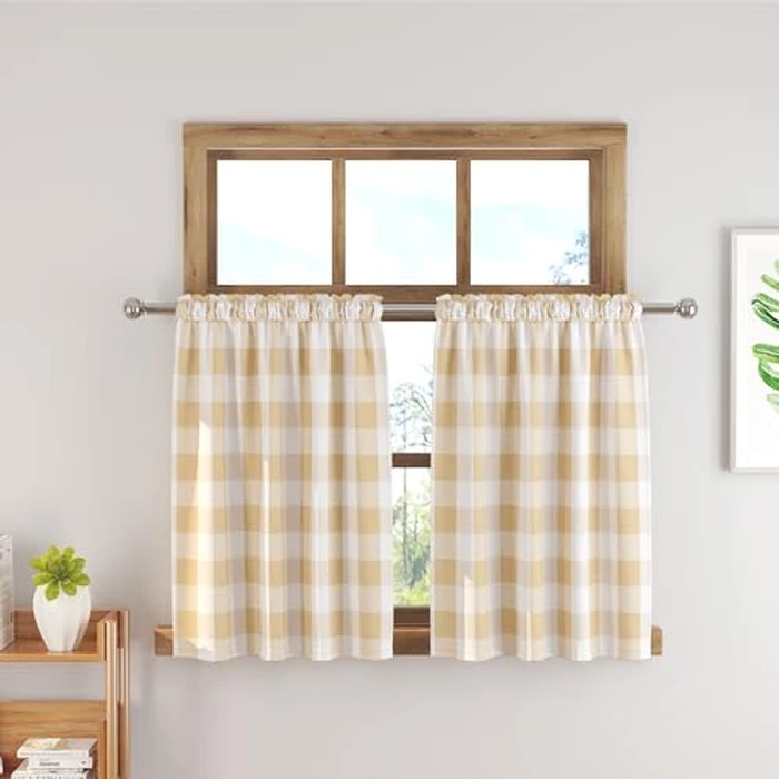 Short Curtains for Windows Treatment Buffalo Check Plaid Valances Gingham 2 Pack Tiers Rod Pocket Beige and White Farmhouse Decor Small Curtains Over Sink for Kitchen/Living Room 36 Inch Length by LKTCOBTAC - Used - Good condition
