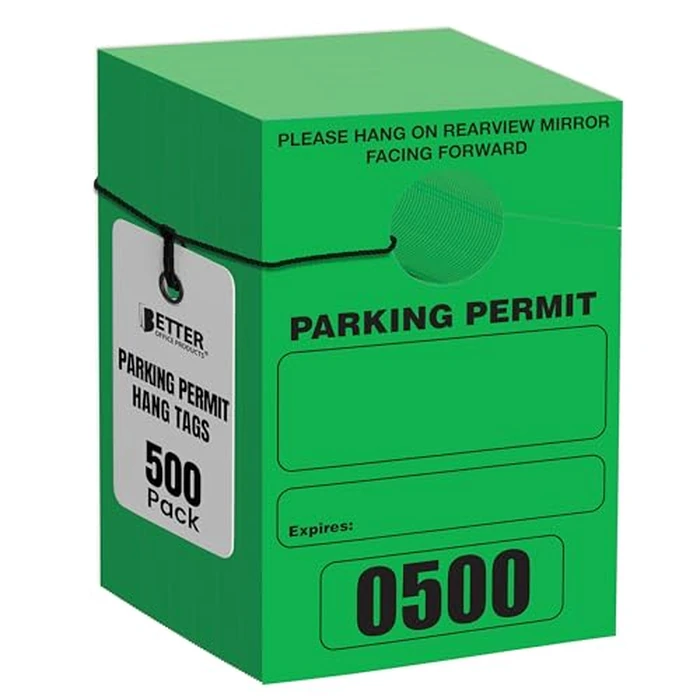 Better Office Products Parking Permit Hang Tags, 500 Pack, Temporary Parking Passes, Bulk Pack, Custom Passes Numbered 1-500, 3.15" x 4.75" Placards for Rearview Mirror (Green) by Better Office Products - Used - Acceptable condition - US$10.46