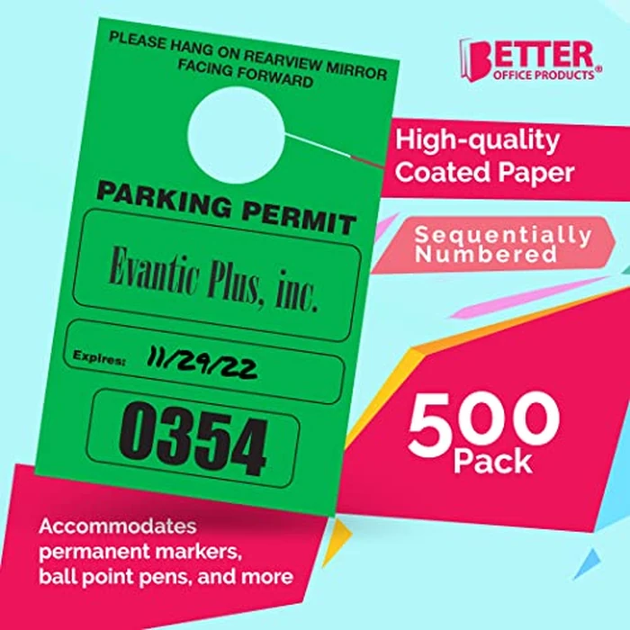 Better Office Products Parking Permit Hang Tags, 500 Pack, Temporary Parking Passes, Bulk Pack, Custom Passes Numbered 1-500, 3.15" x 4.75" Placards for Rearview Mirror (Green) by Better Office Products - Image 2