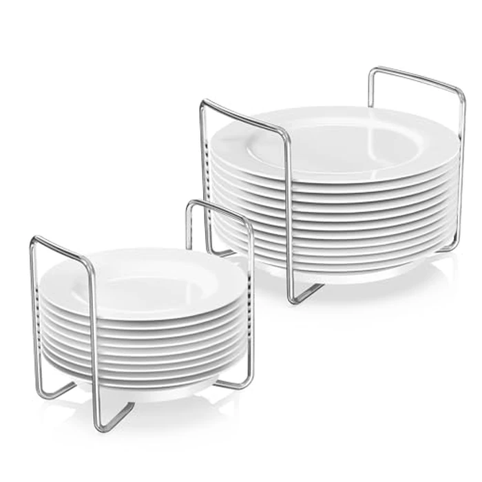 Piconico Plate Holder for Kitchen Drawer - 2Pcs White Bamboo Dish Racks for Kitchen Counter - Adjust 6.75" to 12.5" Stainless Steel Plate and Bowl Organizer for Cabinet, RV, Countertop (S&L) by Piconico - Image 1
