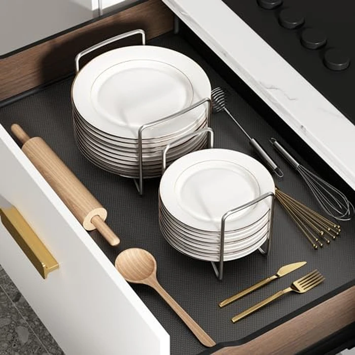 Piconico Plate Holder for Kitchen Drawer - 2Pcs White Bamboo Dish Racks for Kitchen Counter - Adjust 6.75" to 12.5" Stainless Steel Plate and Bowl Organizer for Cabinet, RV, Countertop (S&L) by Piconico - Image 3