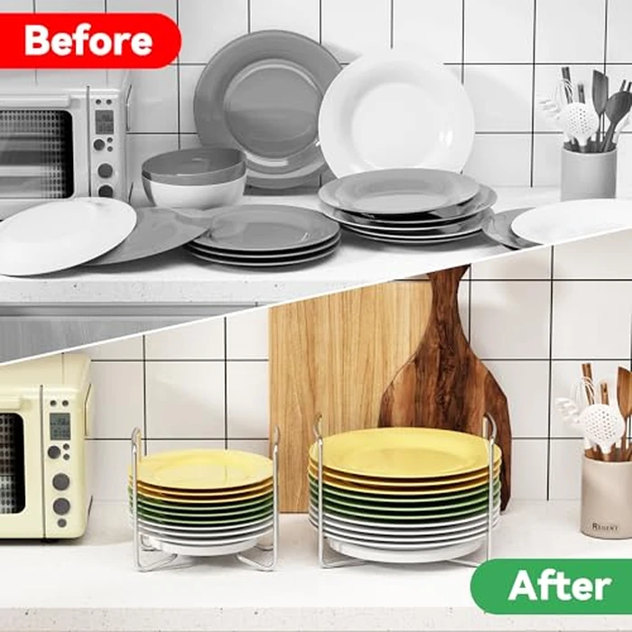 Piconico Plate Holder for Kitchen Drawer - 2Pcs White Bamboo Dish Racks for Kitchen Counter - Adjust 6.75" to 12.5" Stainless Steel Plate and Bowl Organizer for Cabinet, RV, Countertop (S&L) by Piconico - Image 4