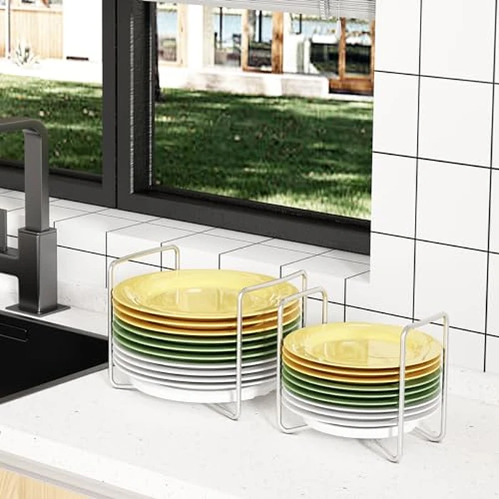 Piconico Plate Holder for Kitchen Drawer - 2Pcs White Bamboo Dish Racks for Kitchen Counter - Adjust 6.75" to 12.5" Stainless Steel Plate and Bowl Organizer for Cabinet, RV, Countertop (S&L) by Piconico - Image 7