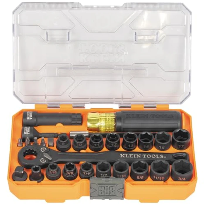 Klein Tools 65400KNECT KNECT Essential Pass Through Impact Socket Set, SAE and Metric, 90-Tooth Ratchet, MODbox Case, 3/8-Inch Drive, 28-Piece by KLEIN TOOLS - Used - Like New condition