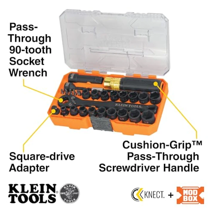 Klein Tools 65400KNECT KNECT Essential Pass Through Impact Socket Set, SAE and Metric, 90-Tooth Ratchet, MODbox Case, 3/8-Inch Drive, 28-Piece by KLEIN TOOLS - Image 2