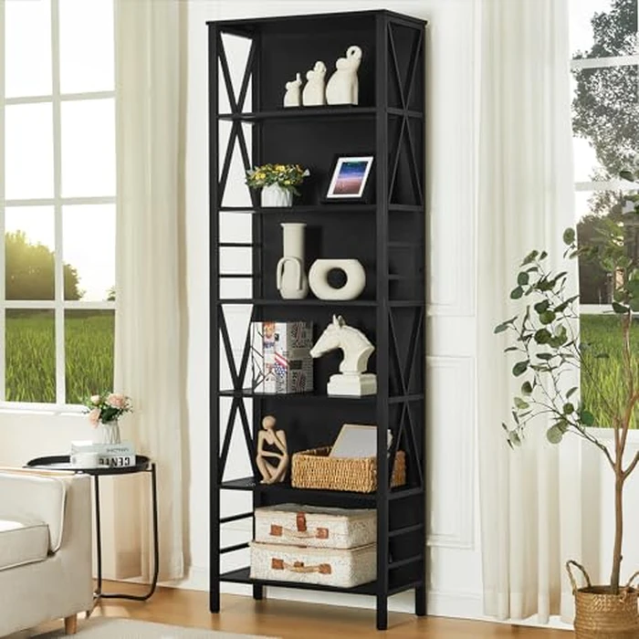 HOMISSUE Bookshelf, 7-Tier Bookshelf, Rustic Wood Metal Bookshelves and Bookcases, Freestanding Open Bookshelf, Industrial Tall Bookcase for Home Office, Living Room and Bedroom, Black by HOMISSUE - Used - Very Good condition - CA$170.64
