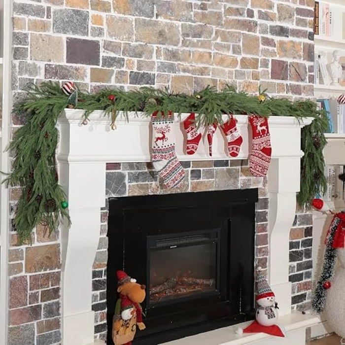 2 Pcs 6 Feet Christmas Garland - Realistic Norfolk Pine Garland - Real Touch Greenery Garland for Table,Mantle,Fireplace,Wall,Indoor Outdoor - Christmas Decorations - Free Battery LED Lights by WHANLEY L&Q - Used - Very Good condition - US$20.44