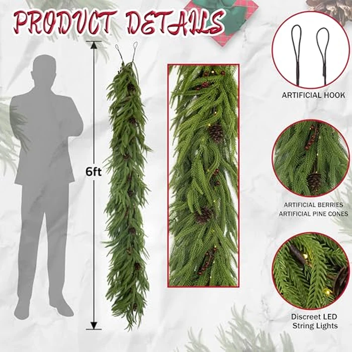 2 Pcs 6 Feet Christmas Garland - Realistic Norfolk Pine Garland - Real Touch Greenery Garland for Table,Mantle,Fireplace,Wall,Indoor Outdoor - Christmas Decorations - Free Battery LED Lights by WHANLEY L&Q - Image 3