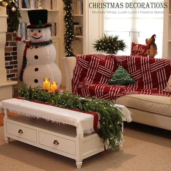 2 Pcs 6 Feet Christmas Garland - Realistic Norfolk Pine Garland - Real Touch Greenery Garland for Table,Mantle,Fireplace,Wall,Indoor Outdoor - Christmas Decorations - Free Battery LED Lights by WHANLEY L&Q - Image 5