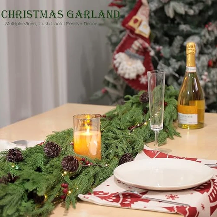 2 Pcs 6 Feet Christmas Garland - Realistic Norfolk Pine Garland - Real Touch Greenery Garland for Table,Mantle,Fireplace,Wall,Indoor Outdoor - Christmas Decorations - Free Battery LED Lights by WHANLEY L&Q - Image 7