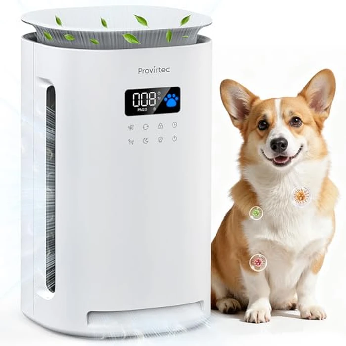 Provirtec Pro-Level Air Purifier for Home Pets, No More Pet Floating Fur, Dander & Odor Worries, 360 degrees Wide Intake, H13 True HEPA, Auto/Pet Mode & Washable Pre-Filter,Ultra Quiet for Bedroom/Large Room by Provirtec - Used - Very Good condition