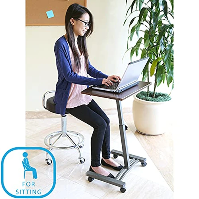 Seville Classics Airlift Mobile Height Adjustable Laptop Stand Computer Workstation for Sitting Classroom Home Office Portable Table w/Wheels, Flat (24"), Walnut by Seville Classics - Image 3