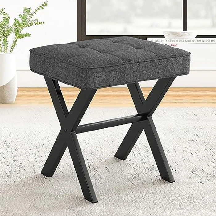LUE BONA Modern Carbon Gray Velvet Linen Faux Leather Square Ottoman Stool with Metal X Legs, 16.9"L x 12.9"W x 18"H, 250LBS Weight Capacity by LUE BONA - Used - Acceptable condition - CA$27.50