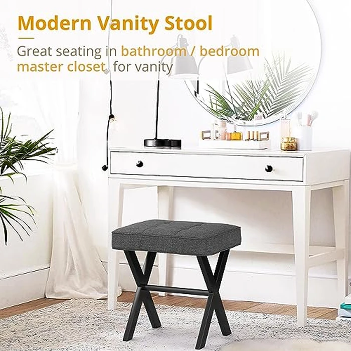 LUE BONA Modern Carbon Gray Velvet Linen Faux Leather Square Ottoman Stool with Metal X Legs, 16.9"L x 12.9"W x 18"H, 250LBS Weight Capacity by LUE BONA - Image 2