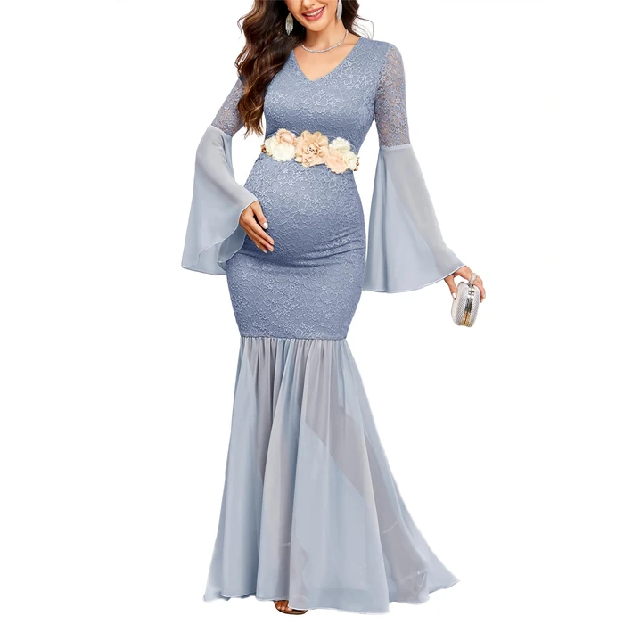 AISWI Maternity Dress Baby Shower Long Bell Sleeve Floral Lace Contrast Chiffon V-Neck Mermaid Pregnancy Photoshoot Gown, Grey Blue, Medium by AISWI - Used - Like New condition - US$53.35