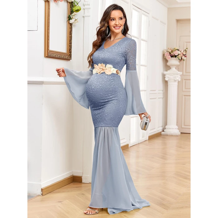 AISWI Maternity Dress Baby Shower Long Bell Sleeve Floral Lace Contrast Chiffon V-Neck Mermaid Pregnancy Photoshoot Gown, Grey Blue, Medium by AISWI - Image 2