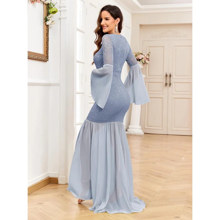 AISWI Maternity Dress Baby Shower Long Bell Sleeve Floral Lace Contrast Chiffon V-Neck Mermaid Pregnancy Photoshoot Gown, Grey Blue, Medium by AISWI - Image 4