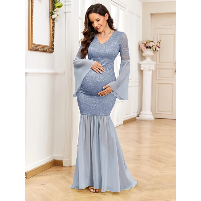 AISWI Maternity Dress Baby Shower Long Bell Sleeve Floral Lace Contrast Chiffon V-Neck Mermaid Pregnancy Photoshoot Gown, Grey Blue, Medium by AISWI - Image 5