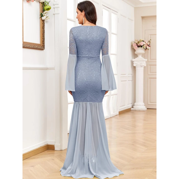 AISWI Maternity Dress Baby Shower Long Bell Sleeve Floral Lace Contrast Chiffon V-Neck Mermaid Pregnancy Photoshoot Gown, Grey Blue, Medium by AISWI - Image 6