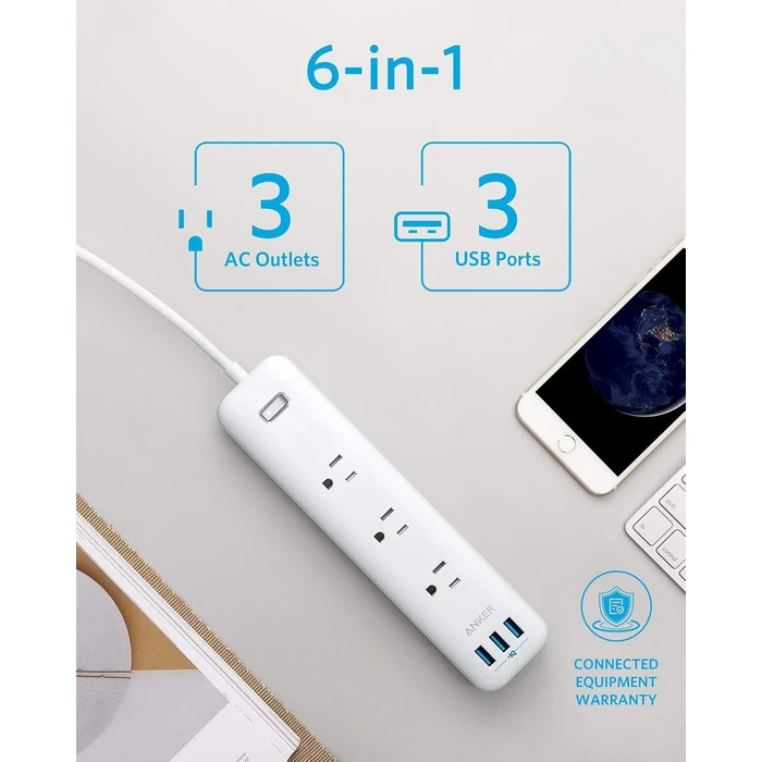 Anker Power Strip with USB 3-Outlet and 3 Power IQ USB Port (A9131) - White by Anker - Image 2
