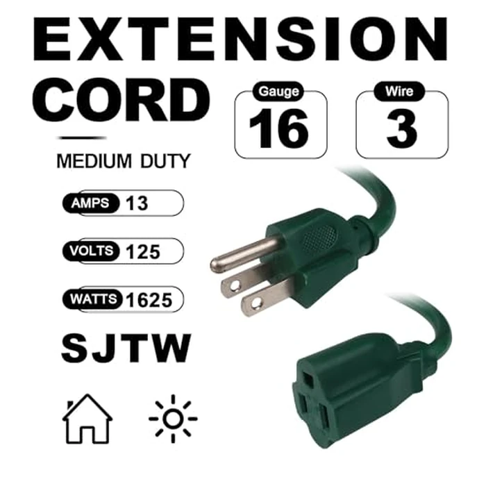 EP 15 Ft Outdoor Extension Cord - 16/3 SJTW Green Electrical Cable with 3 Prong Grounded Plug by EP - Image 2
