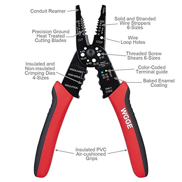 WGGE WG-015 Professional 8-inch Wire Stripper/Crimping Tool, Cable Cutter/Crimper, Wiring and Multi-Function Hand Tool, Red With Black by WGGE - Image 5
