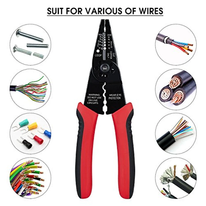 WGGE WG-015 Professional 8-inch Wire Stripper/Crimping Tool, Cable Cutter/Crimper, Wiring and Multi-Function Hand Tool, Red With Black by WGGE - Image 6