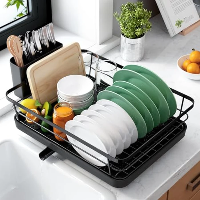 Kitsure Dish Drying Rack for Kitchen Counter, Stainless Steel Sink Organization and Storage Essentials with Cutlery Holder, Home and Appartment Decor, 12''W x 15.5''L, Black by Kitsure - Used - Very Good condition - US$23.49