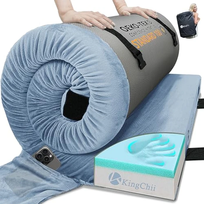 KingChii CertiPUR-US Memory Foam Camping Mattress, Portable Roll Up Travel Car Camping Mattress Sleeping Pad & Floor Mattress, Cot Mattress Guest Bed for Sleepover with Waterproof Cover & Travel Bag by KingChii - Used - Very Good condition