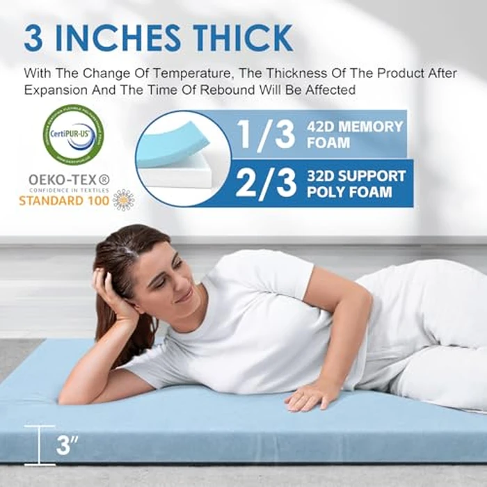 KingChii CertiPUR-US Memory Foam Camping Mattress, Portable Roll Up Travel Car Camping Mattress Sleeping Pad & Floor Mattress, Cot Mattress Guest Bed for Sleepover with Waterproof Cover & Travel Bag by KingChii - Image 2