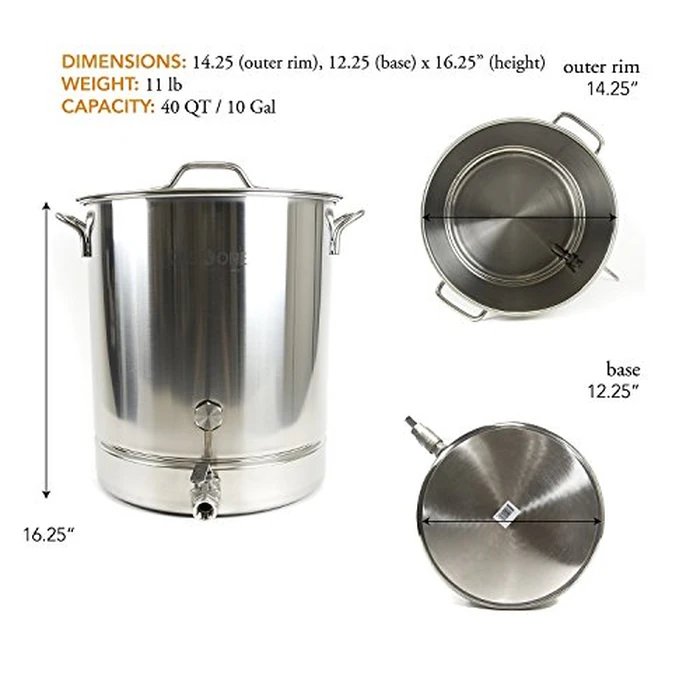 GasOne BS-40 10 Gallon Stainless Steel Kettle Pot Pre Drilled 4 PC Set 40 Quart Tri Ply Bottom for Beer Includes Lid, Thermometer, Ball Valve Spigot-Home Brewing Supplies, QT by GASONE - Image 2