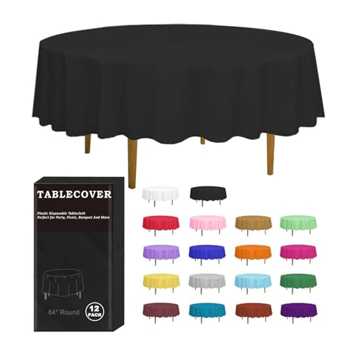 D&Z Plastic Table Cloth Disposable, 12 Pack Black Round Tablecloth Individually Wrapped for Indoor&Outdoor, 84 Inch Table Cover for Party, Picnic, Birthday, Wedding & Dinner by D&Z - Used - Very Good condition