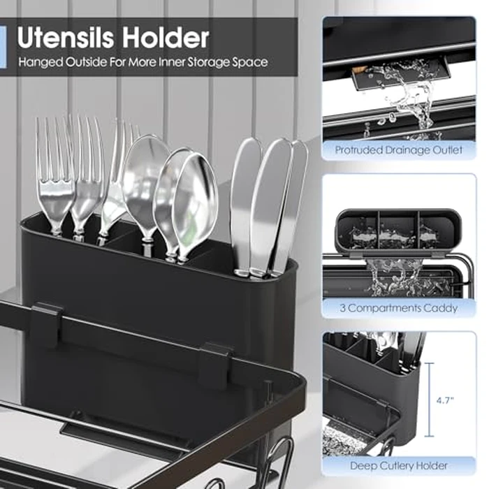 Urackify Dish Drying Rack - Large Dish Rack with Drainboard for Kitchen Counter, Stainless Steel Dish Drainer Fits Most Kitchen Sinks, Black by Urackify - Image 4