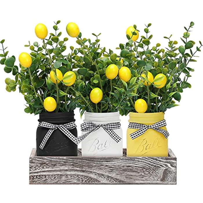 Lemon Mason Jars Centerpiece for Table, Wood Tray with 3 Painted Jars, Dining Coffee Table Centerpiece For Kitchen, Living Room, Spring & Summer Home Decor with Lemon by Maracco - Used - Like New condition - US$24.71