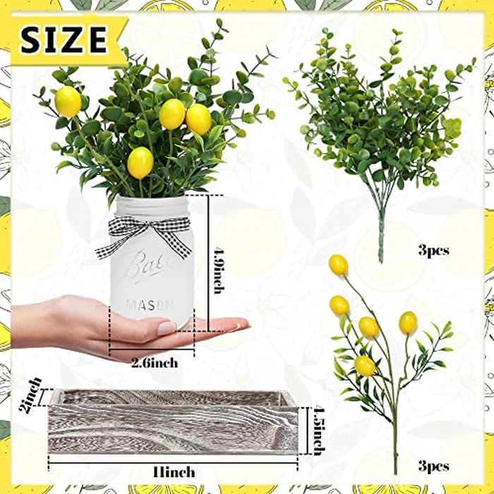 Lemon Mason Jars Centerpiece for Table, Wood Tray with 3 Painted Jars, Dining Coffee Table Centerpiece For Kitchen, Living Room, Spring & Summer Home Decor with Lemon by Maracco - Image 2