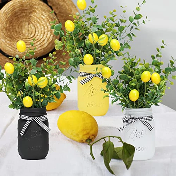Lemon Mason Jars Centerpiece for Table, Wood Tray with 3 Painted Jars, Dining Coffee Table Centerpiece For Kitchen, Living Room, Spring & Summer Home Decor with Lemon by Maracco - Image 5