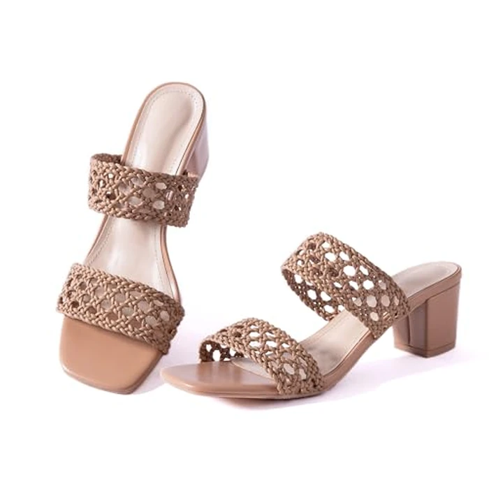 N.N.G Women Hollow Out Woven Heeled Sandals Block Heel 2 Inch Boho Summer Sandals Breathable Slide Dressy Casual Beach Wedding Guest Nude 9.5 by N.N.G - Used - Very Good condition - US$25.62