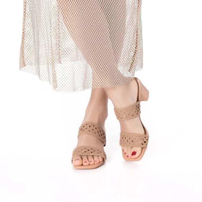 N.N.G Women Hollow Out Woven Heeled Sandals Block Heel 2 Inch Boho Summer Sandals Breathable Slide Dressy Casual Beach Wedding Guest Nude 9.5 by N.N.G - Image 5