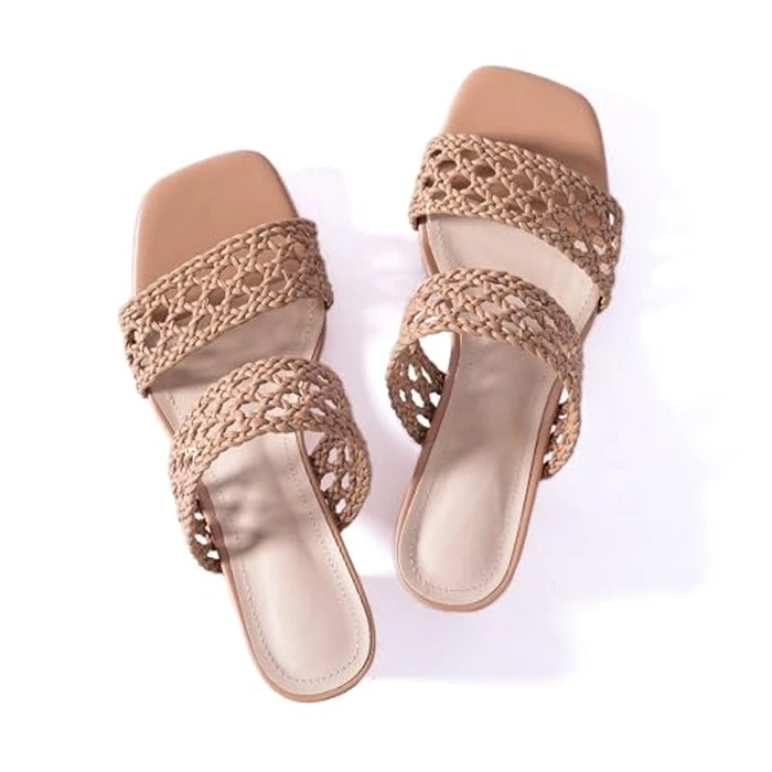 N.N.G Women Hollow Out Woven Heeled Sandals Block Heel 2 Inch Boho Summer Sandals Breathable Slide Dressy Casual Beach Wedding Guest Nude 9.5 by N.N.G - Image 7
